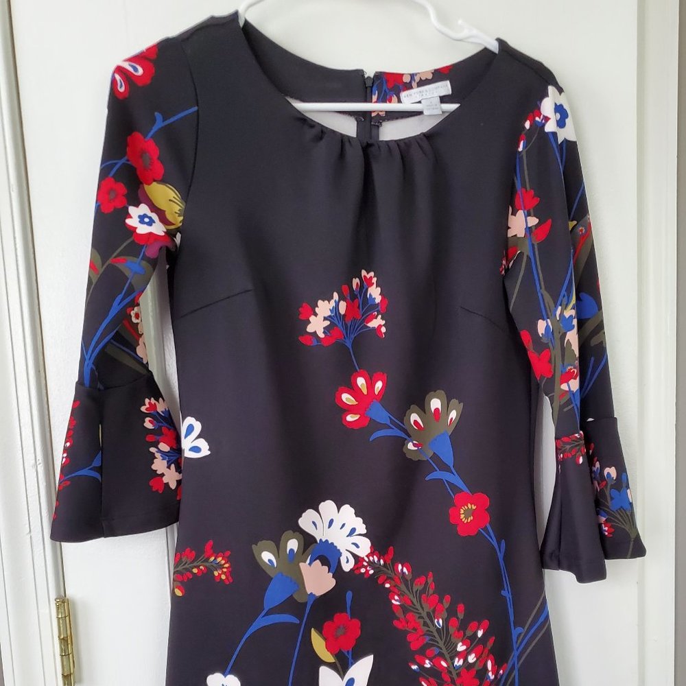 New York and Company Black Floral 3/4 Flutter Sleeve Dress